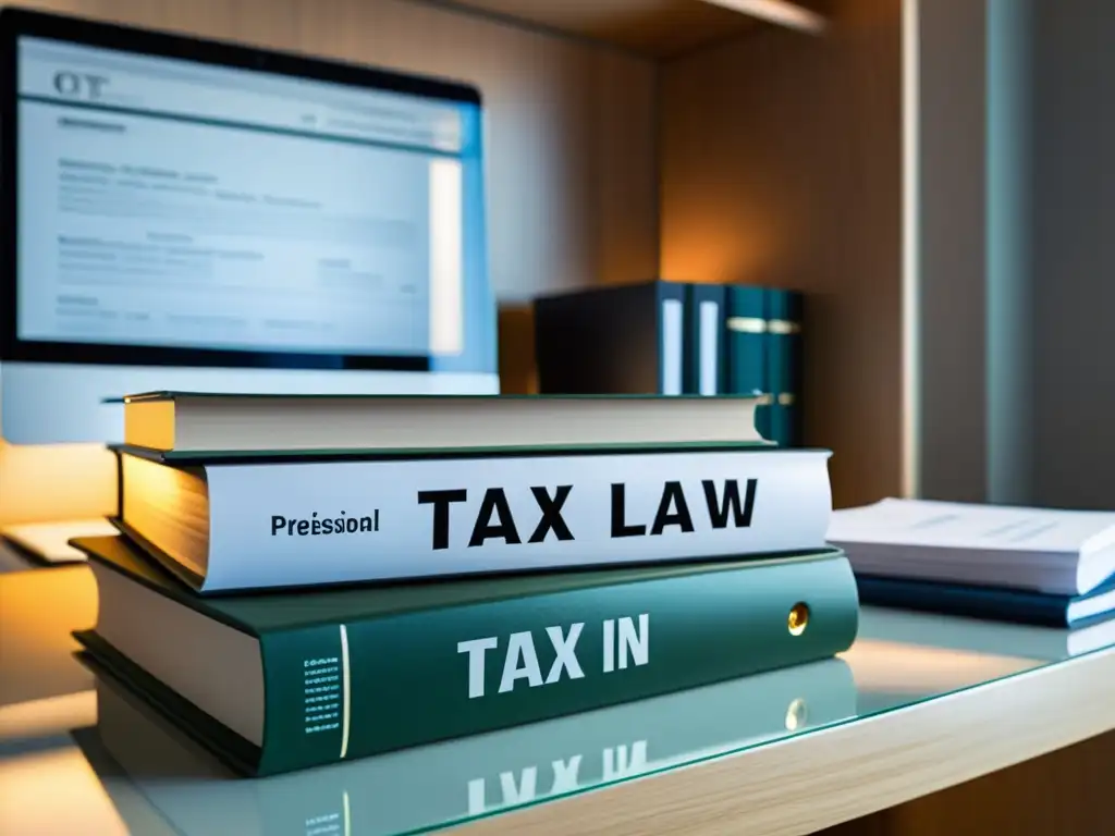 Oficina moderna con libros de ley fiscal y datos en la computadora Escritorio moderno con libros de legislación fiscal, computadora con datos fiscales y carpeta organizada