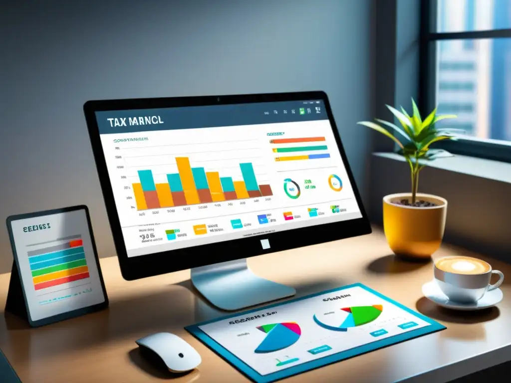 Software de Gestión Tributaria: Eficiencia Profesional Escritorio moderno con software de gestión tributaria, estacionario profesional y café, bañado por luz natural y con vista a la ciudad