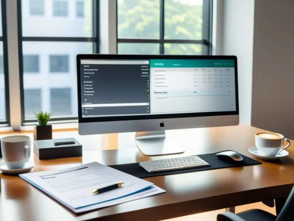 Oficina moderna: software de gestión fiscal y eficiencia Escritorio moderno con software gestión tributaria, papeleo profesional, calculadora y café