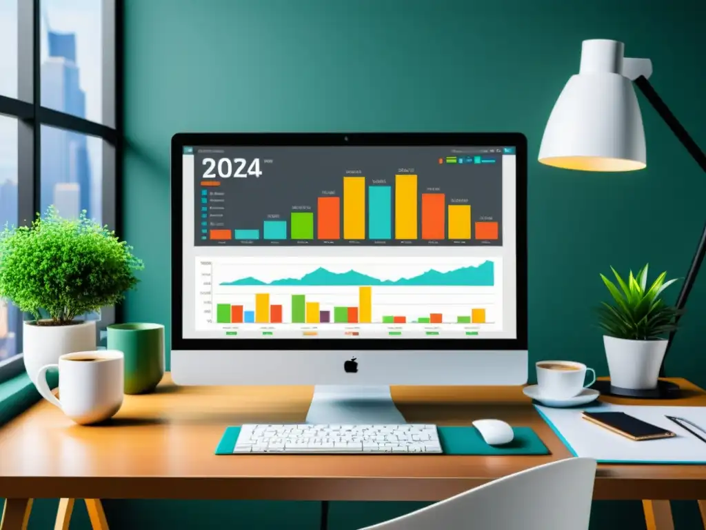 Entorno profesional y eficiente con software de gestión de impuestos Escritorio moderno con software gestión tributaria, gráficas coloridas y ambiente profesional, ideal para independientes