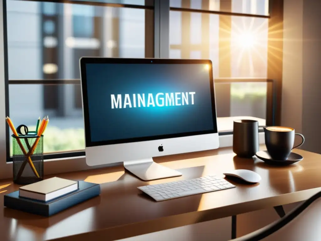 Escritorio de oficina moderno: eficiencia y productividad Escritorio moderno con software gestión tributaria en monitor, suministros profesionales y café, bañado por luz cálida