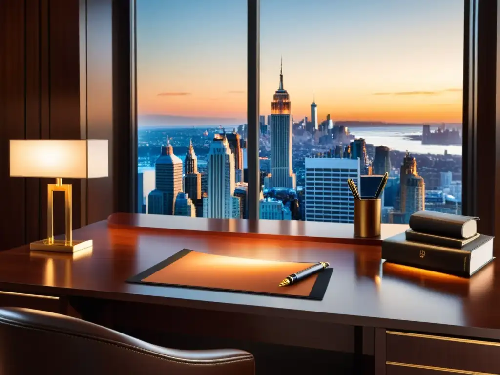 Oficina moderna con vistas a la ciudad al atardecer Escritorio moderno con vista a la ciudad al atardecer, ideal para planificación patrimonial ante reformas fiscales