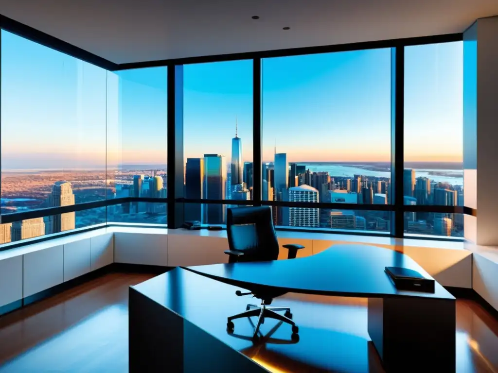 Escritorio ejecutivo moderno con vista panorámica de la ciudad Escritorio moderno con vista panorámica de la ciudad y equipo informático avanzado
