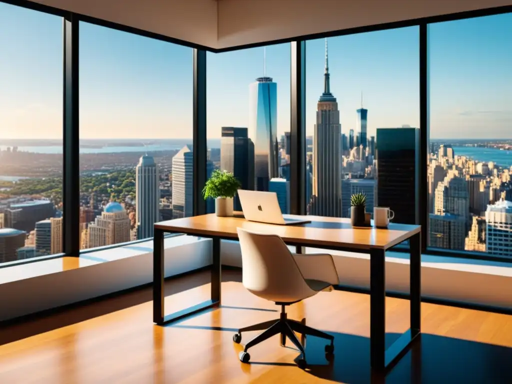 Oficina moderna con vista panorámica de ciudad en 8k Escritorio moderno con vista panorámica a la ciudad, estrategias legales y planificación fiscal en un entorno profesional y productivo