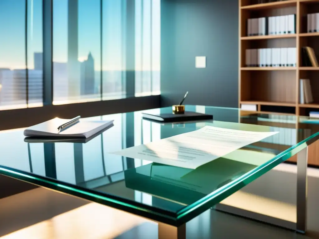 Escritorio de oficina moderno con informes financieros transparentes Escritorio de oficina moderno con informes financieros organizados debajo de la superficie de vidrio transparente