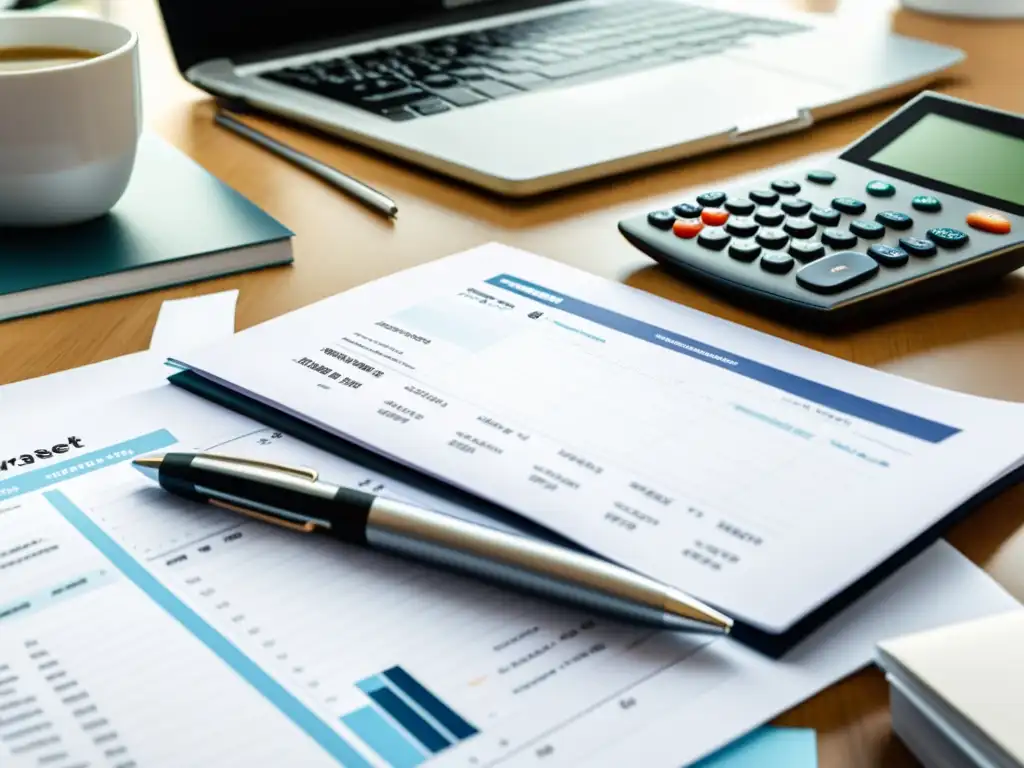 Oficina organizada con documentos financieros y laptop Un escritorio de oficina moderno y organizado con documentos financieros, una calculadora y una laptop mostrando datos tributarios