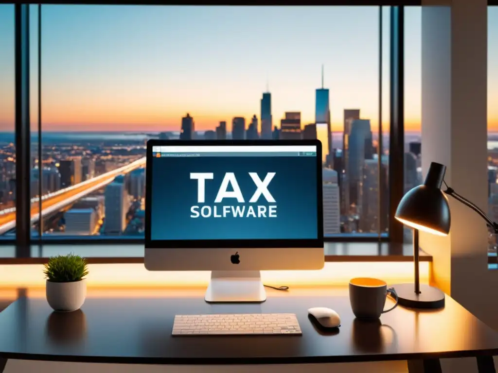 Escritorio de oficina moderna con software de impuestos y vista a la ciudad Escritorio de oficina moderno con software de actualizaciones fiscales, papeles organizados, café y una lámpara minimalista