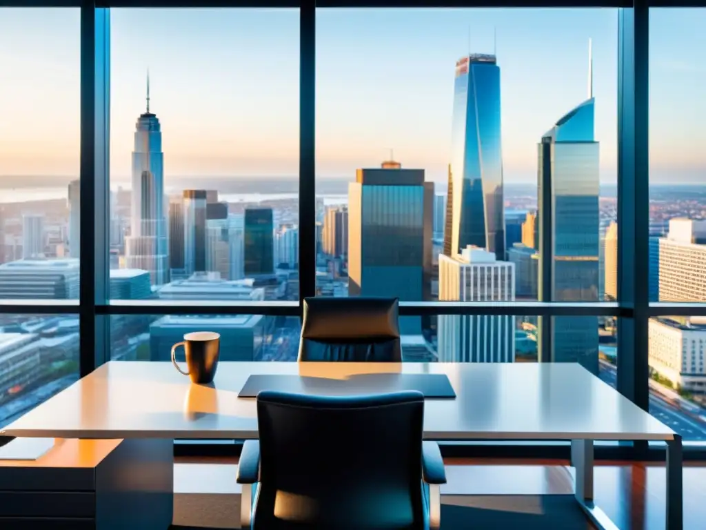 Oficina moderna con vista panorámica de la ciudad Escritorio de oficina moderno con vista panorámica a la ciudad desde un rascacielos