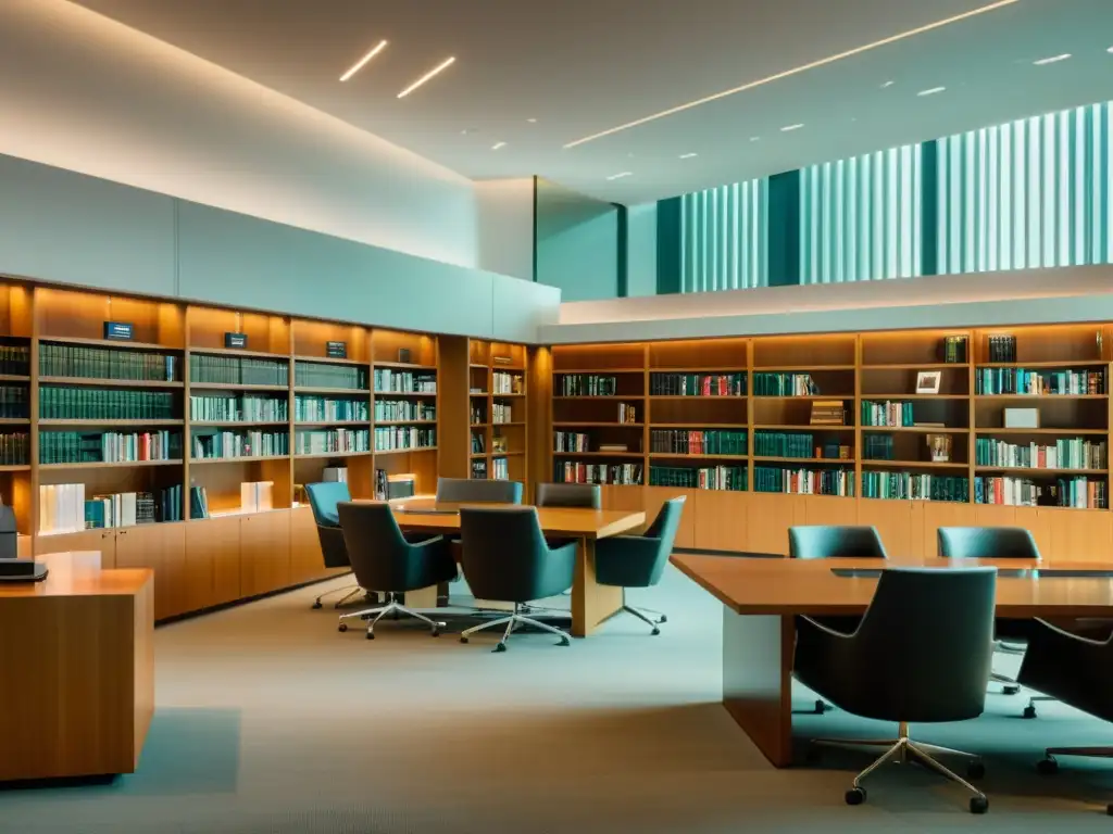 Moderna biblioteca de derecho tributario: ambiente educativo y sofisticado Espacio moderno de biblioteca jurídica con ambiente cálido y luz natural, ideal para actualizarse en derecho tributario fiscal