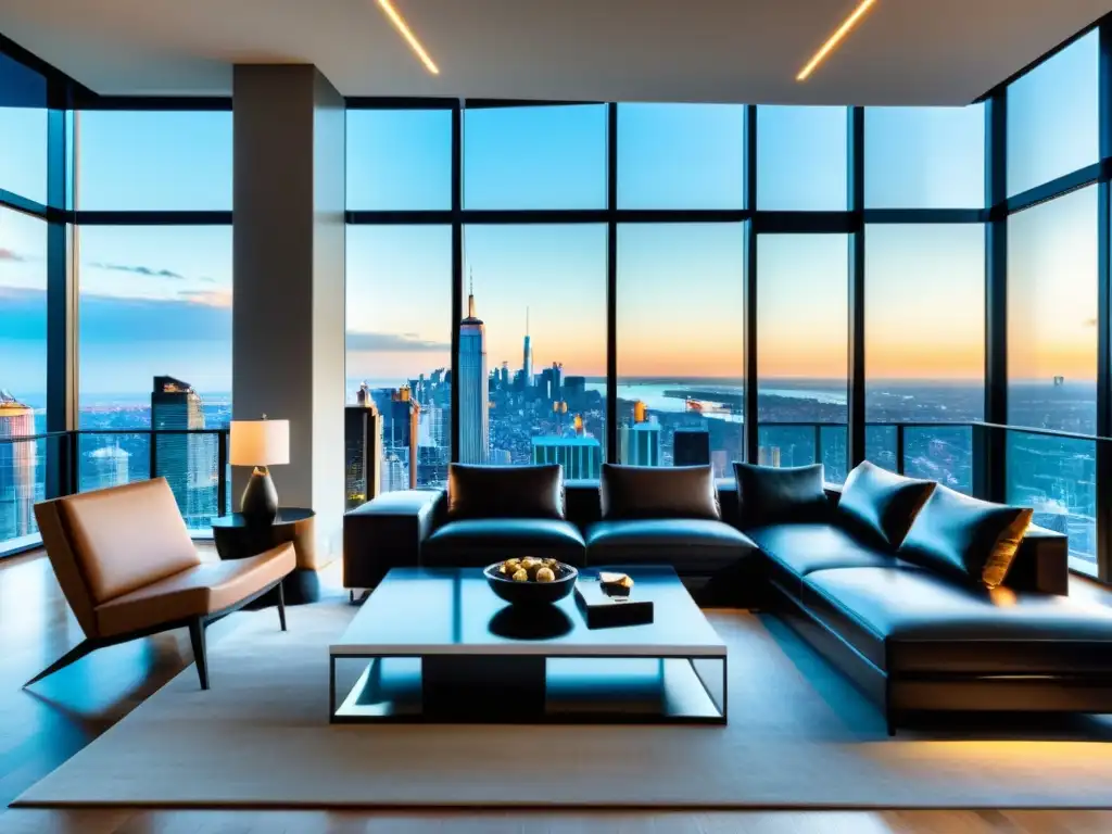 Salón de lujo con vista panorámica a la ciudad Espacio moderno y lujoso con vista a la ciudad, decorado con muebles contemporáneos