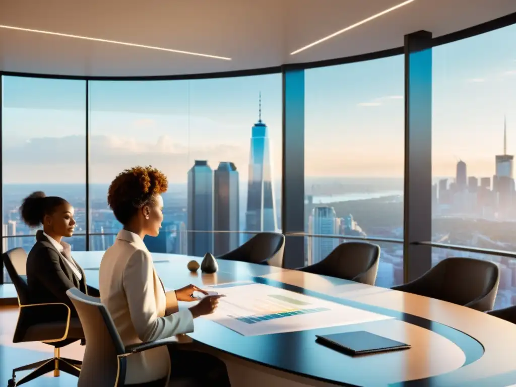 Oficina Futurista: Reunión Profesional en Ambiente Sostenible Un espacio de oficina futurista y minimalista con profesionales diversificados discutiendo