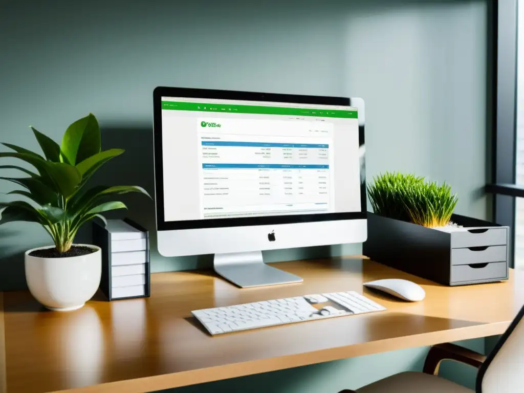 Oficina moderna y eficiente con software de gestión fiscal Un espacio de oficina moderno y eficiente con software de gestión tributaria eficiente, computadora de escritorio y documentos financieros organizados