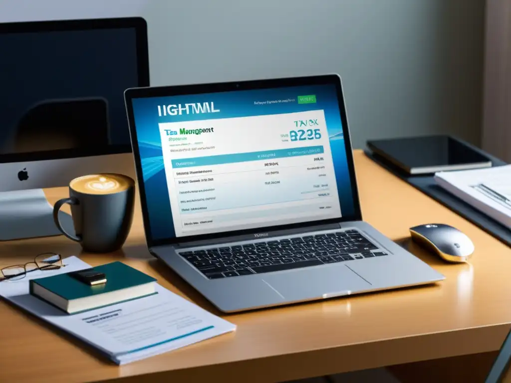 Oficina moderna: software de gestión fiscal y organización profesional Un espacio de oficina moderno con un escritorio organizado, software de gestión tributaria en la pantalla y una atmósfera profesional y enfocada