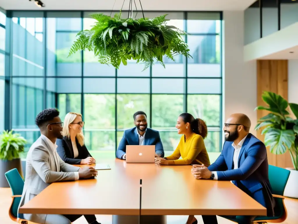 Emprendedores innovadores en colaboración Un espacio de oficina moderno con fundadores de startups colaborando en una mesa, rodeados de tecnología innovadora y vegetación vibrante