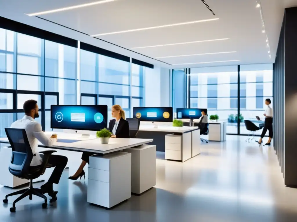 Oficina moderna: Equipo trabajando en entorno profesional e iluminado Un espacio de oficina moderno y luminoso donde un equipo colabora en dispositivos digitales, reflejando un ambiente profesional