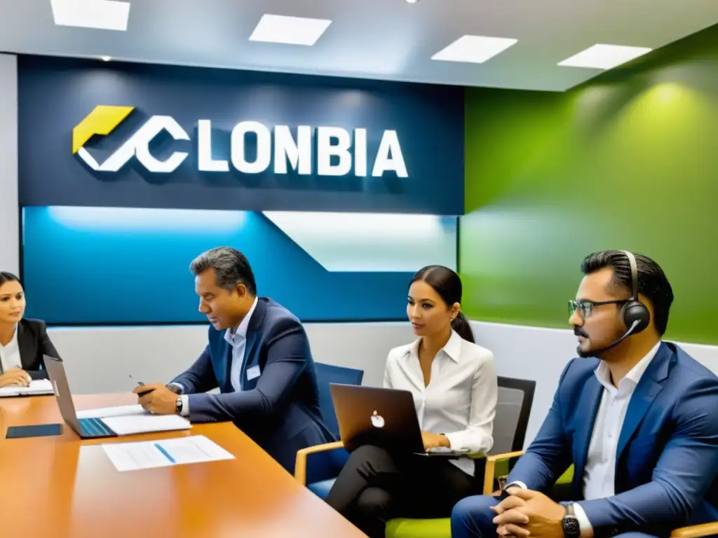 Oficina corporativa en Colombia: Impacto de NIIF en impuestos Un espacio de oficina moderno en Colombia con profesionales trabajando en documentos financieros y tributarios, destacando el logo de Normas NIIF