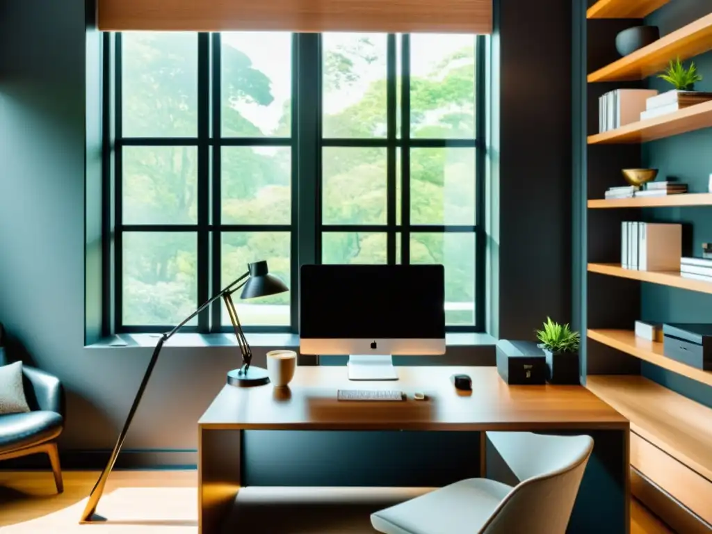 Oficina en casa serena y productiva con vista al jardín Espacio de trabajo en casa con implicaciones fiscales del teletrabajo a distancia