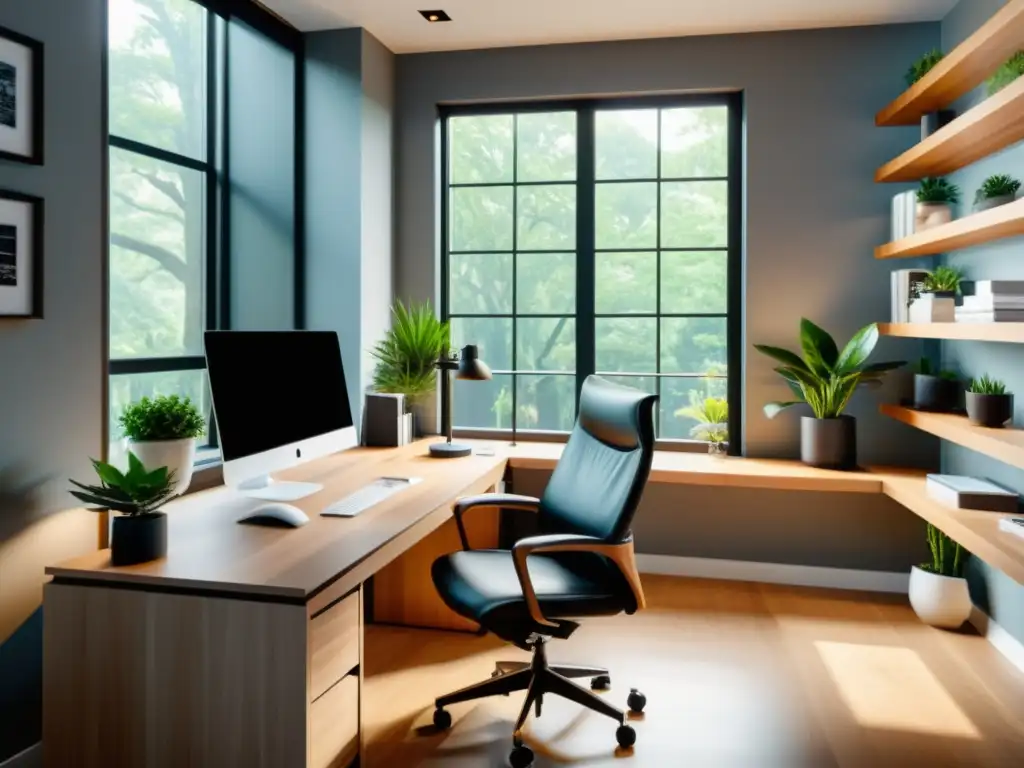 Oficina en casa moderna y luminosa para profesionales freelance Espacio de trabajo en casa moderno y ordenado con decoración minimalista, iluminado por luz natural, ideal para freelancers