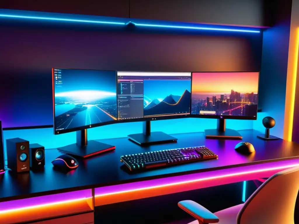 Estación de trabajo del desarrollador de videojuegos: Creatividad, tecnología y finanzas en España Espacio de trabajo de desarrollador de videojuegos con monitores, software de diseño y arte conceptual, crea una atmósfera cálida y acogedora