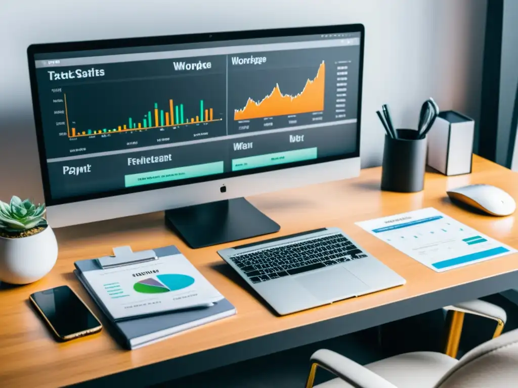 Espacio de trabajo del freelancer: imagen 8k ultra detallada Espacio de trabajo de autónomo digital con obligaciones fiscales, laptop, monitores, smartphone y documentos financieros organizados