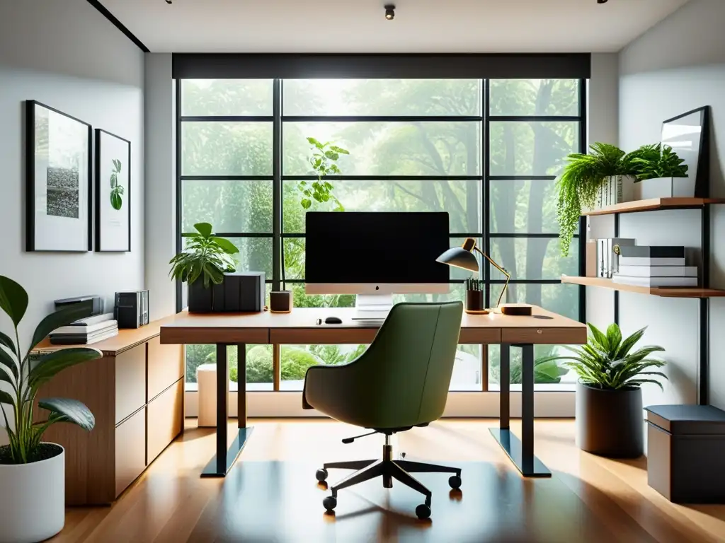 Espacio de trabajo autónomo moderno y elegante con luz natural abundante Espacio de trabajo freelance 360 con escritorio elegante, computadora de alta gama, silla ergonómica y abundante luz natural