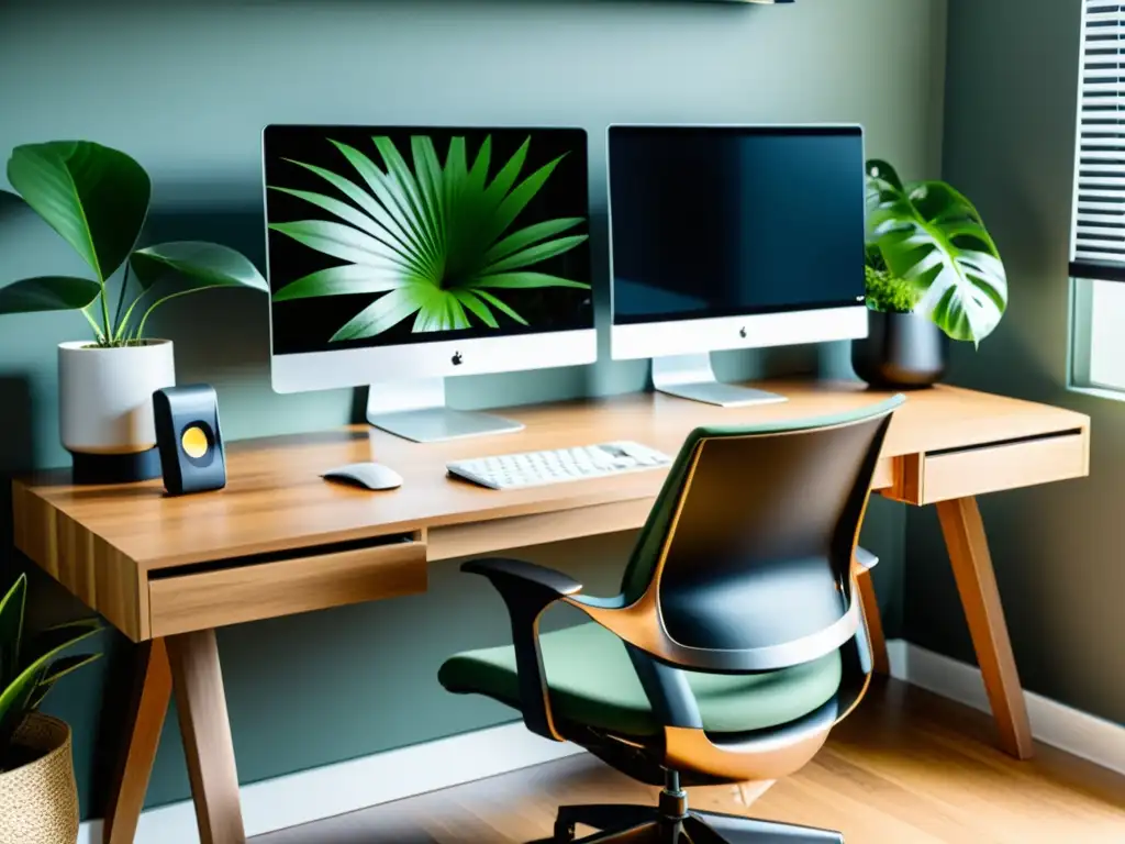 Oficina en casa de lujo para freelancers digitales Espacio de trabajo moderno con escritorio elegante, computadora de alta gama, sillas ergonómicas y decoración elegante
