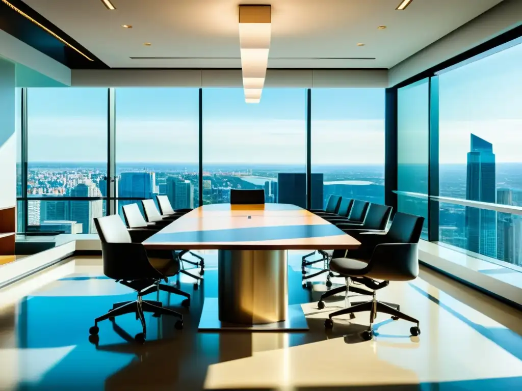 Sala de juntas moderna con vista panorámica y profesionalismo Espaciosa sala de juntas corporativa con diseño moderno y vistas panorámicas, ideal para la planificación corporativa