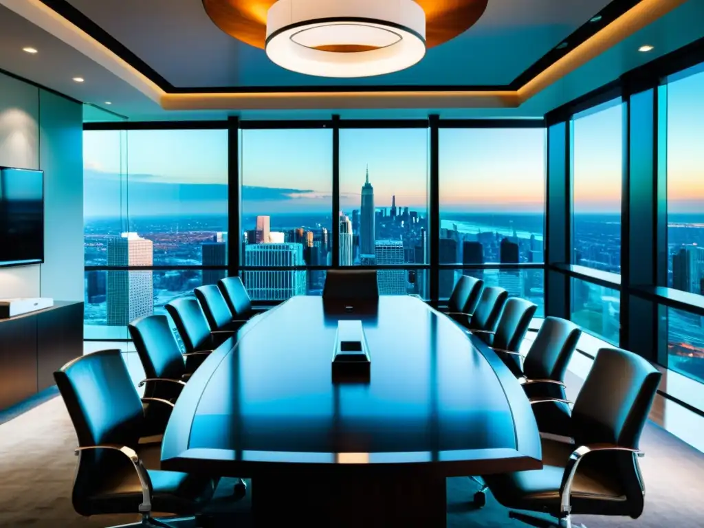 Sala de juntas de lujo para estrategias de fusiones y adquisiciones Espacioso salón de juntas con vista a la ciudad, ideal para el derecho tributario para fusiones y adquisiciones
