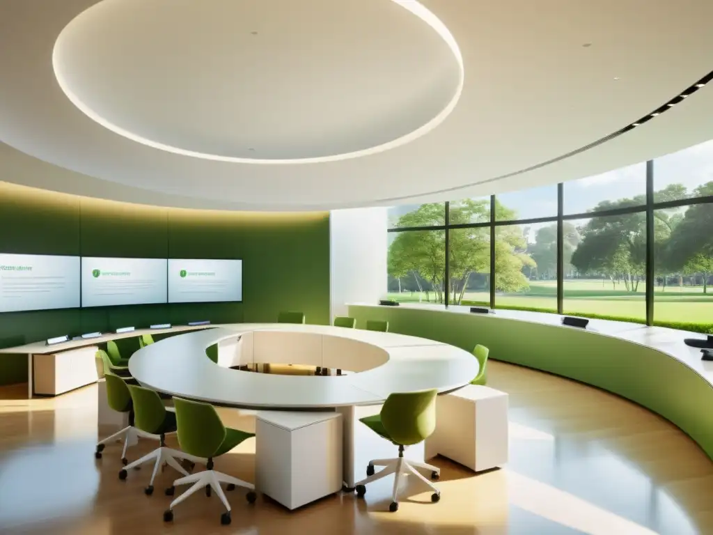 Aula moderna con luz natural para el Curso Superior de Derecho Tributario Espacioso salón de clases con escritorios blancos en forma de semicírculo, pantalla digital interactiva y ventanales con vista a un campus verde