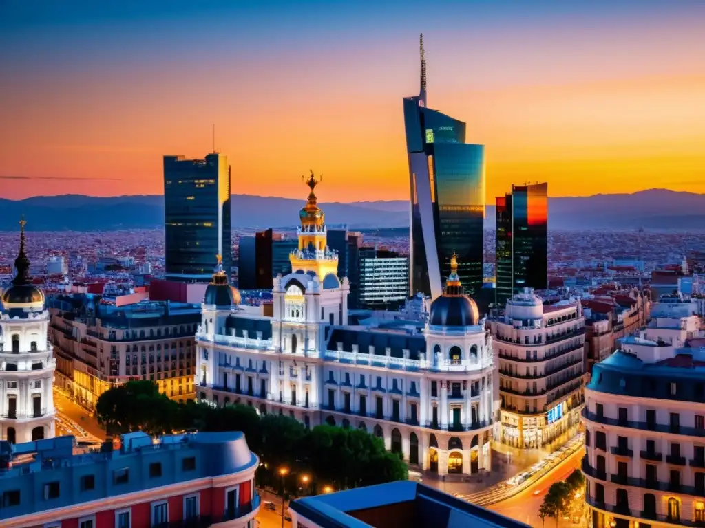Espléndido atardecer sobre Madrid: fusión entre lo moderno y lo histórico Espectacular atardecer en Madrid con las Cuatro Torres y el centro histórico, fusionando lo contemporáneo y lo tradicional en la capital española