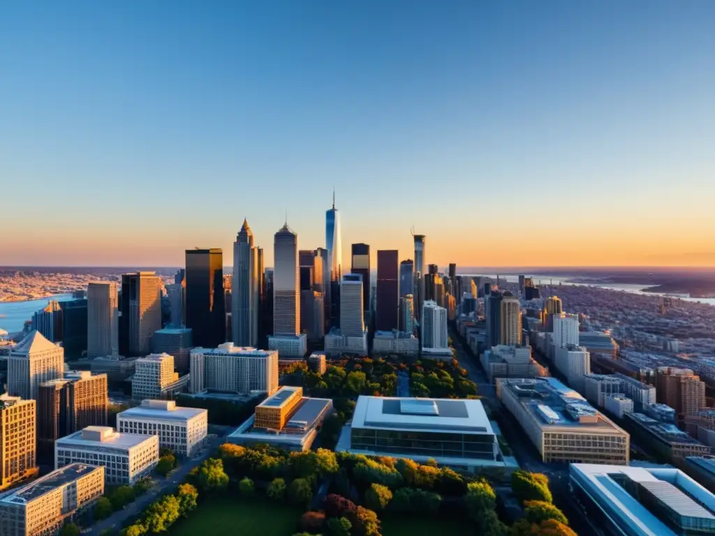 Horizonte urbano moderno iluminado por el atardecer Espectacular impacto de reformas tributarias estrategia fiscal en la moderna ciudad al atardecer, con rascacielos reflejando la cálida luz dorada