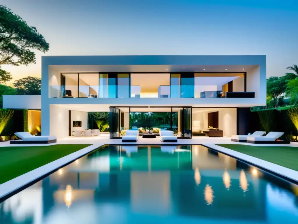 Espectacular mansión moderna con piscina infinita Espectacular mansión moderna con arquitectura elegante y ventanales de piso a techo, una piscina infinita reluciente y exuberantes jardines