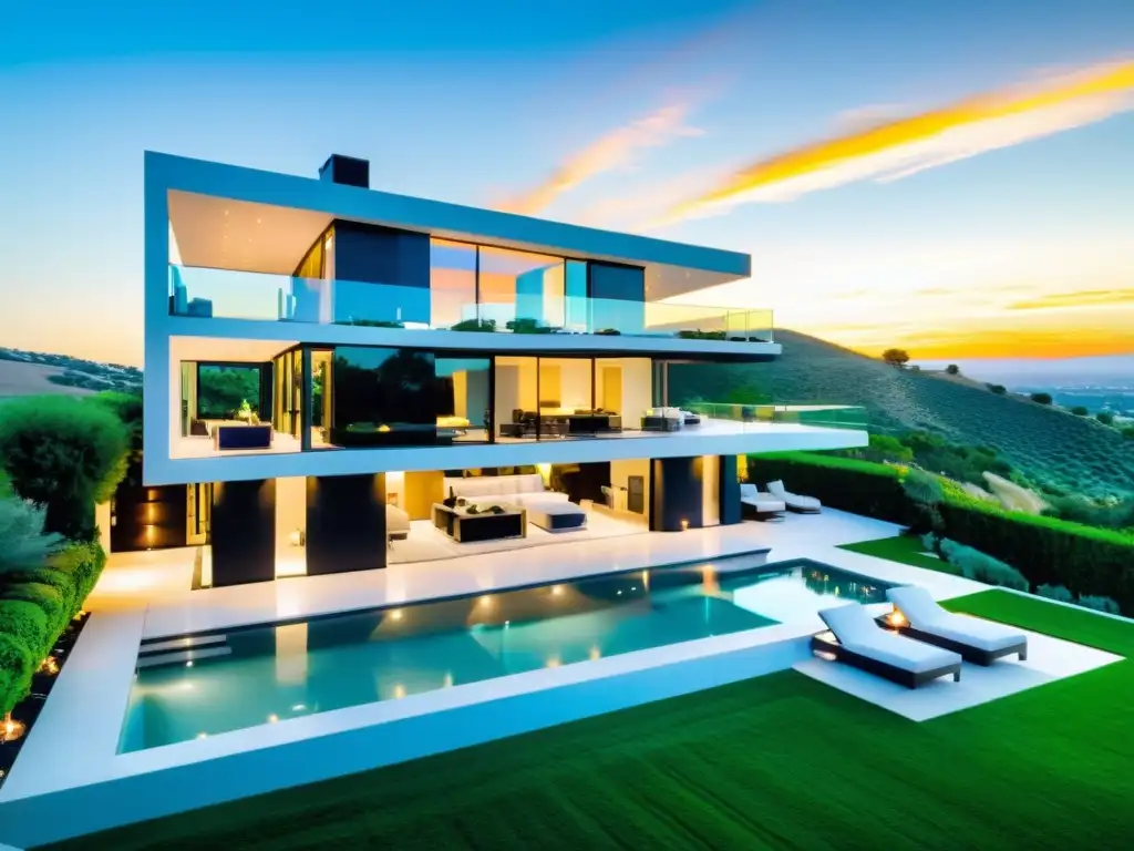 Residencia de lujo con diseño arquitectónico moderno y opulento Espectacular mansión moderna de lujo con diseño arquitectónico elegante y ventanales de piso a techo, piscina y exuberante jardín