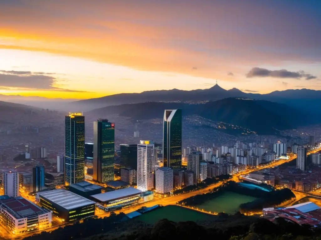 Panorama de rascacielos en Bogotá al atardecer Espectacular panorama de Bogotá al atardecer, con rascacielos de vidrio reflejando la cálida luz del sol