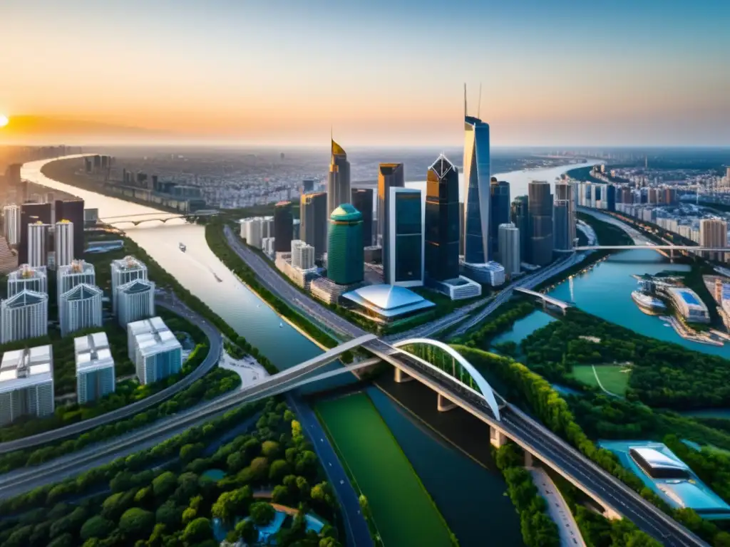 Horizonte urbano de lujo al atardecer: edificios relucientes, ríos serenos Espectacular panorama de ciudad moderna y lujosa al atardecer, con rascacielos relucientes y una red de carreteras iluminadas