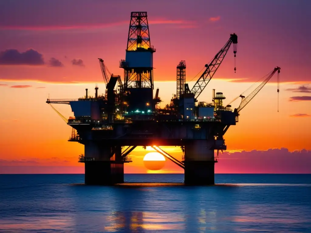 Plataforma petrolera al atardecer: innovación y potencial energético Espectacular plataforma petrolera en el mar al atardecer, reflejando tonos anaranjados y rosados en el agua tranquila