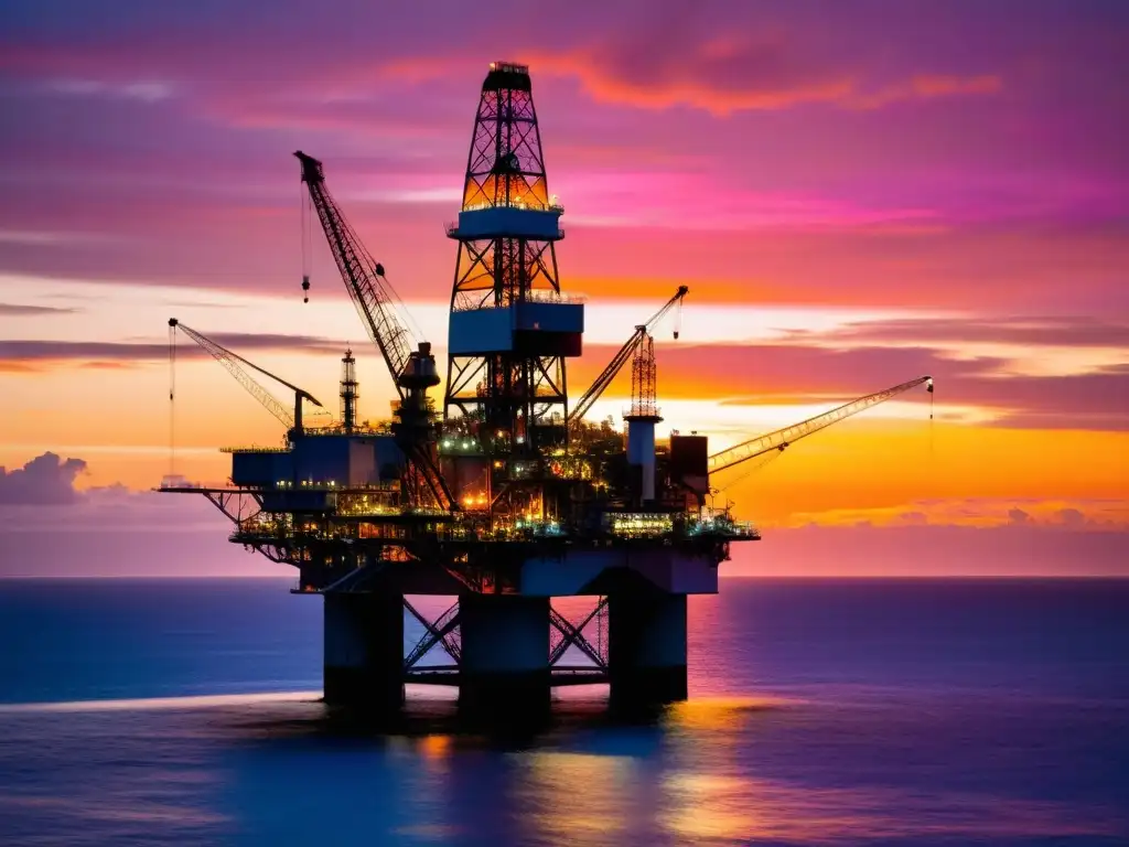 Plataforma petrolera al atardecer: ingeniería moderna Espectacular plataforma petrolera en el mar al atardecer, reflejando tonos naranjas y rosados en el océano tranquilo
