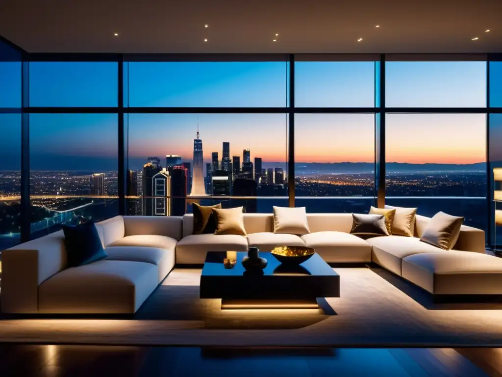 Sala de estar de lujo con vista panorámica nocturna Espectacular sala de estar moderna con vista nocturna de la ciudad