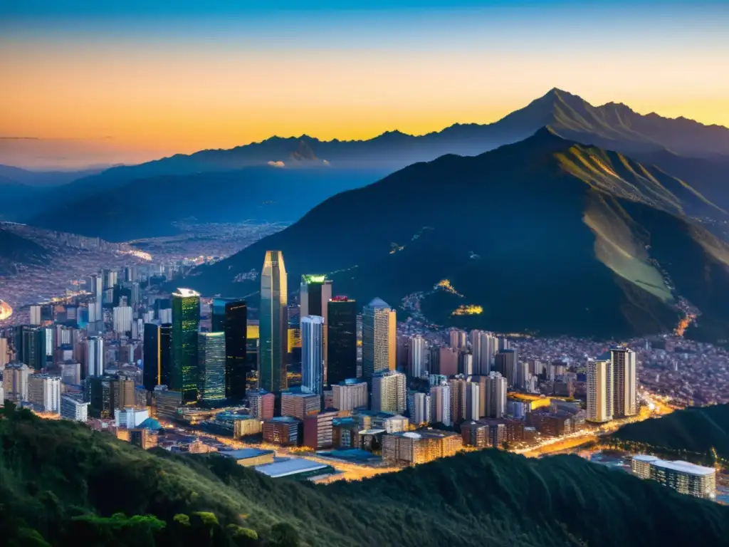 Skyline dorado de Bogotá: Integración Económica Internacional Espectacular skyline moderno de Bogotá, Colombia, con rascacielos y majestuosas montañas andinas al fondo, iluminado por el cálido atardecer