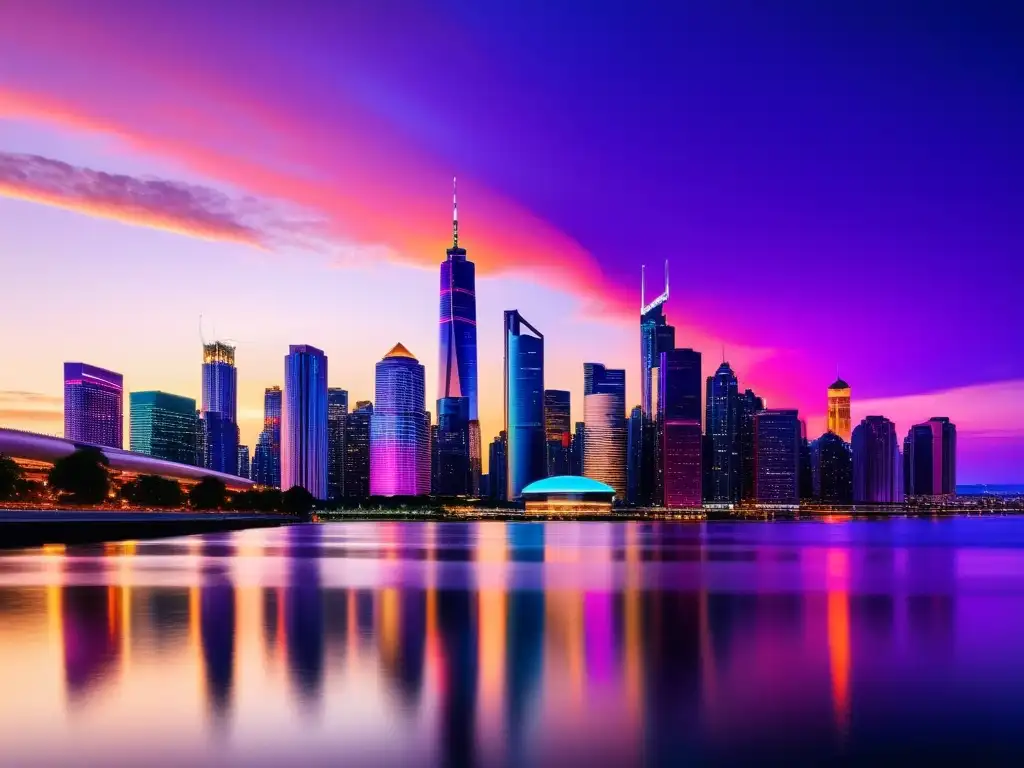 Espectacular ciudad futurista al atardecer Espectacular skyline urbano al atardecer con rascacielos iluminados reflejados en el río