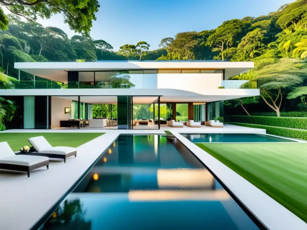 Mansión de lujo con piscina infinita y diseño moderno Espléndida mansión moderna de lujo con diseño elegante y piscina infinita, entre exuberante vegetación