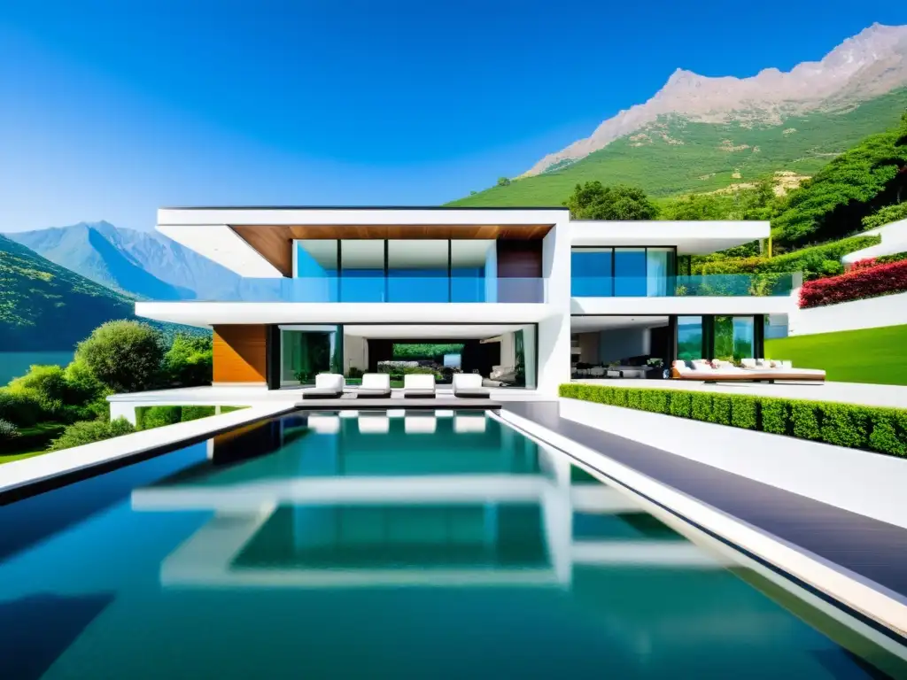 Espléndida mansión moderna con jardín y piscina Espléndida mansión moderna con jardín y piscina, rodeada de naturaleza exuberante y vista al lago, en un entorno de montañas y cielo azul