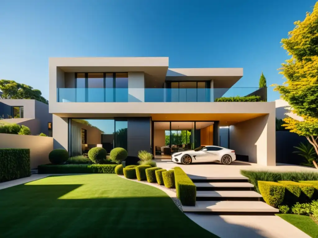 Propiedad de lujo: detalles arquitectónicos y paisajismo Espléndida propiedad inmobiliaria con detalles arquitectónicos y diseño interior lujoso, bañada en la cálida luz del atardecer