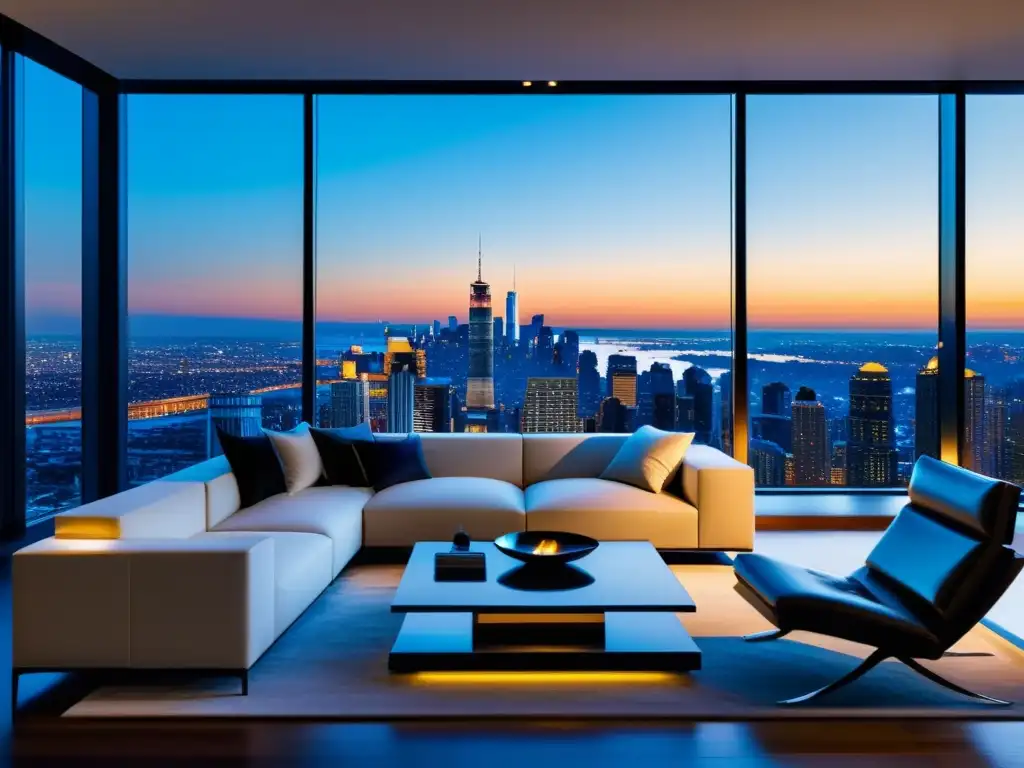 Sala de estar de lujo con vista a la ciudad y mobiliario minimalista Espléndido salón moderno con vista panorámica a la ciudad