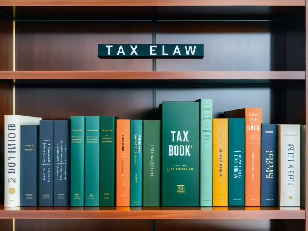 Estantería moderna con libros esenciales de derecho tributario Una estantería moderna con los cinco mejores libros de derecho tributario, destacando sus portadas y transmitiendo conocimiento y profesionalidad