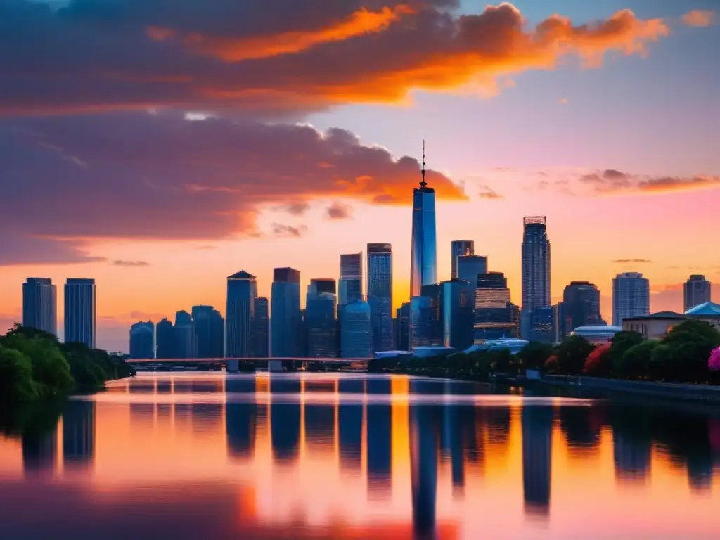 Espectacular atardecer urbano en río: simbolismo de crecimiento estratégico Estrategias fiscales para fusiones y adquisiciones: una ciudad bulliciosa al atardecer, con rascacielos iluminados contra un cielo anaranjado y rosado