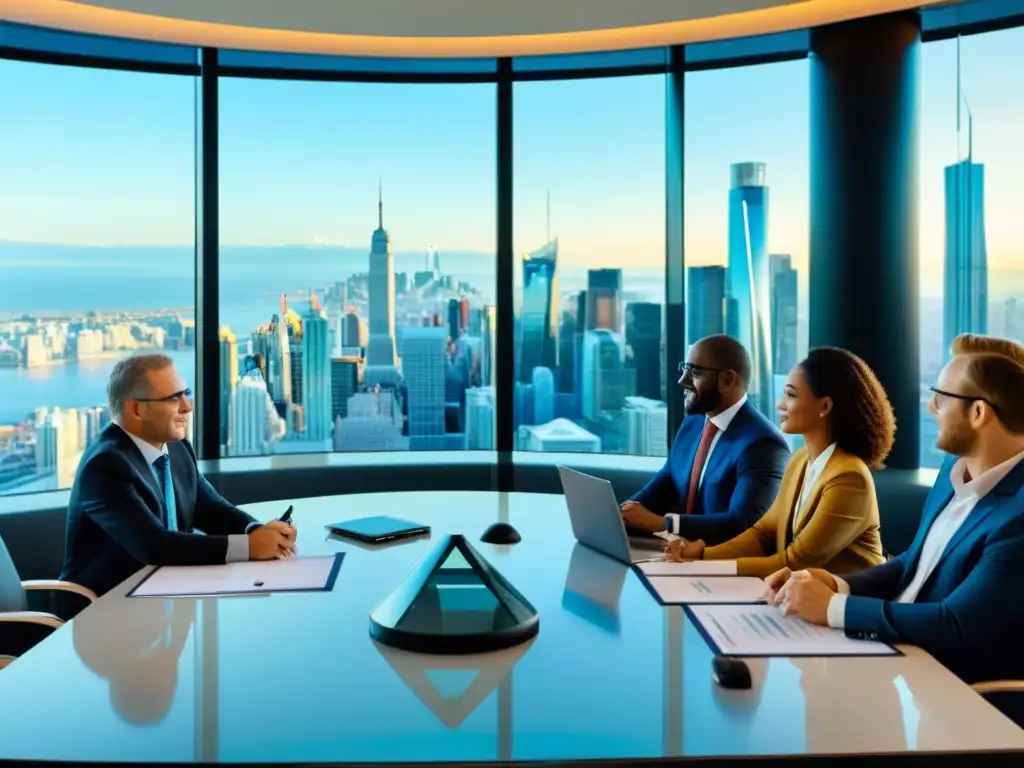 Planificación fiscal global para expatriados: colaboración profesional Expatriados planificando fiscalidades internacionales en una sala moderna con vista a la ciudad