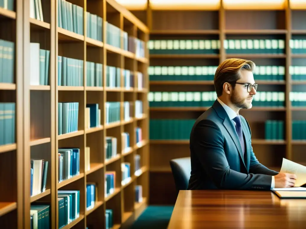Abogado de impuestos en biblioteca legal moderna Un experto en derecho tributario fiscal estudia en una biblioteca legal moderna, destacando profesionalismo y dedicación