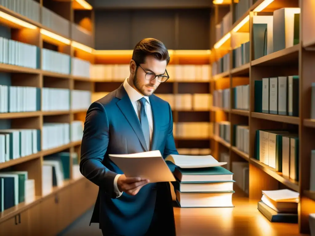 Experto en leyes fiscales concentrado en su lectura Experto en estrategia fiscal para empresas examinando publicaciones periódicas en su moderna oficina iluminada por una cálida lámpara de escritorio
