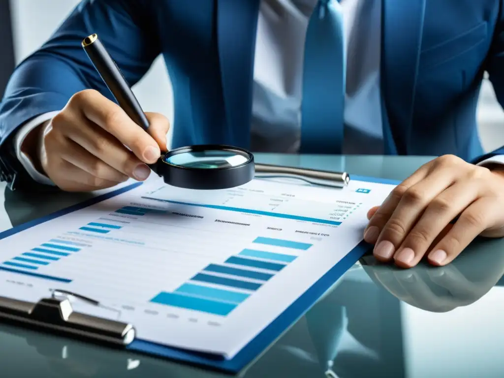 Examen minucioso de informes financieros en 8k Experto en planificación fiscal revisa informes financieros con lupa, evitando errores comunes